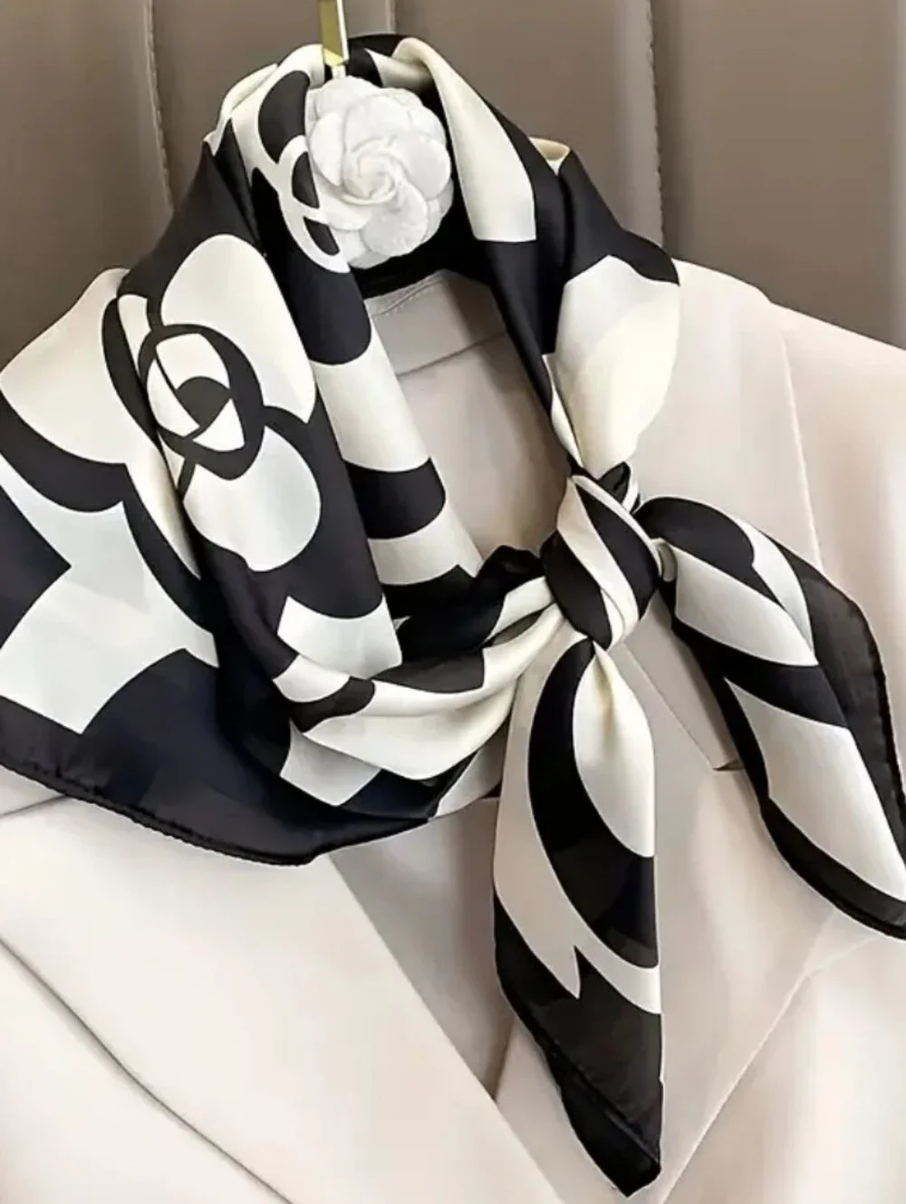 Black and Cream Floral Silk Scarf